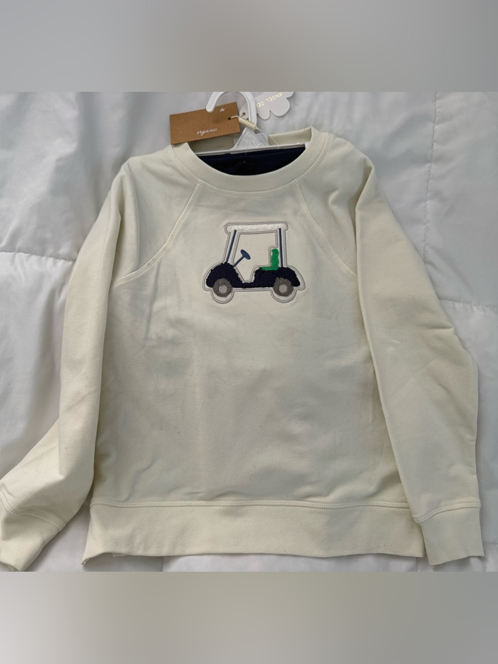 Angel Dear Cream Sweatshirt with Navy and Green Golf Cart Applique